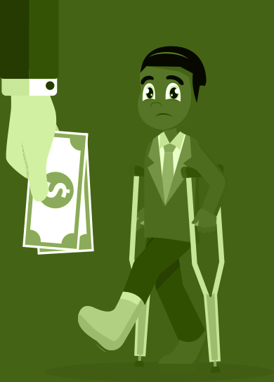 Man on crutches recieving money